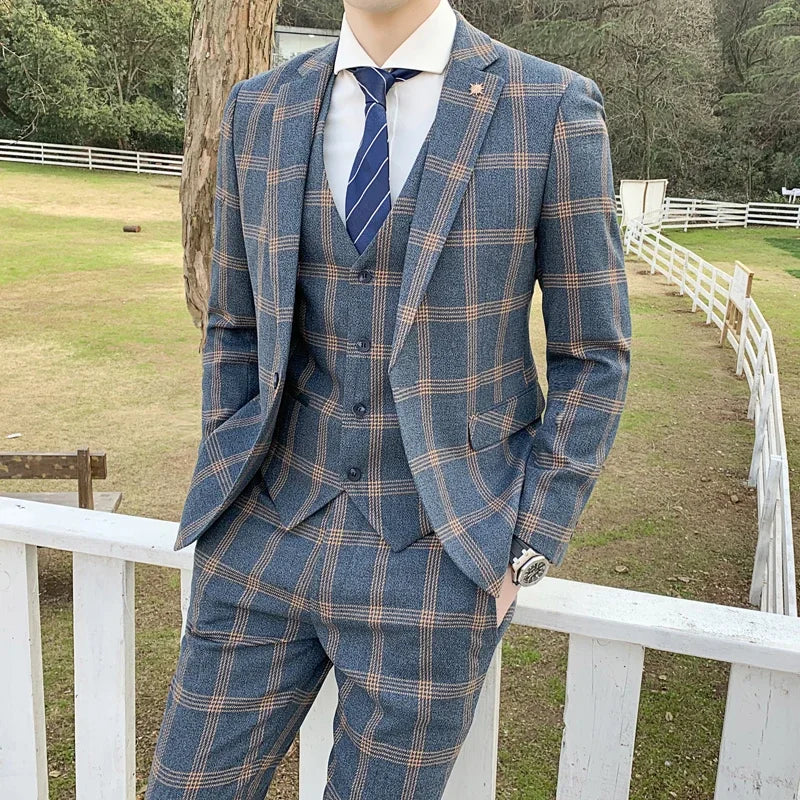 Men's 3-Piece Slim Fit Plaid Suit – British-Style Blazer, Vest & Trousers