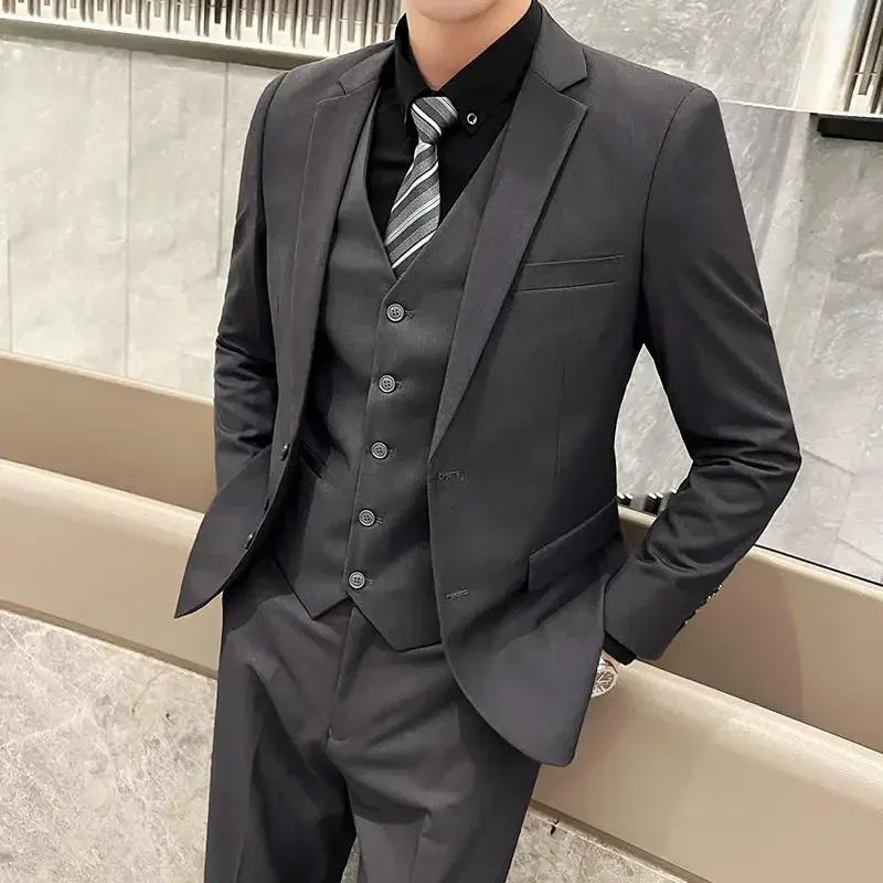Suit (Blazer+ Vest + Pants) Men's Fashion Business Outdoor Trend Solid Color Casual Slim-fit Wedding Host Gentleman Suit 6XL