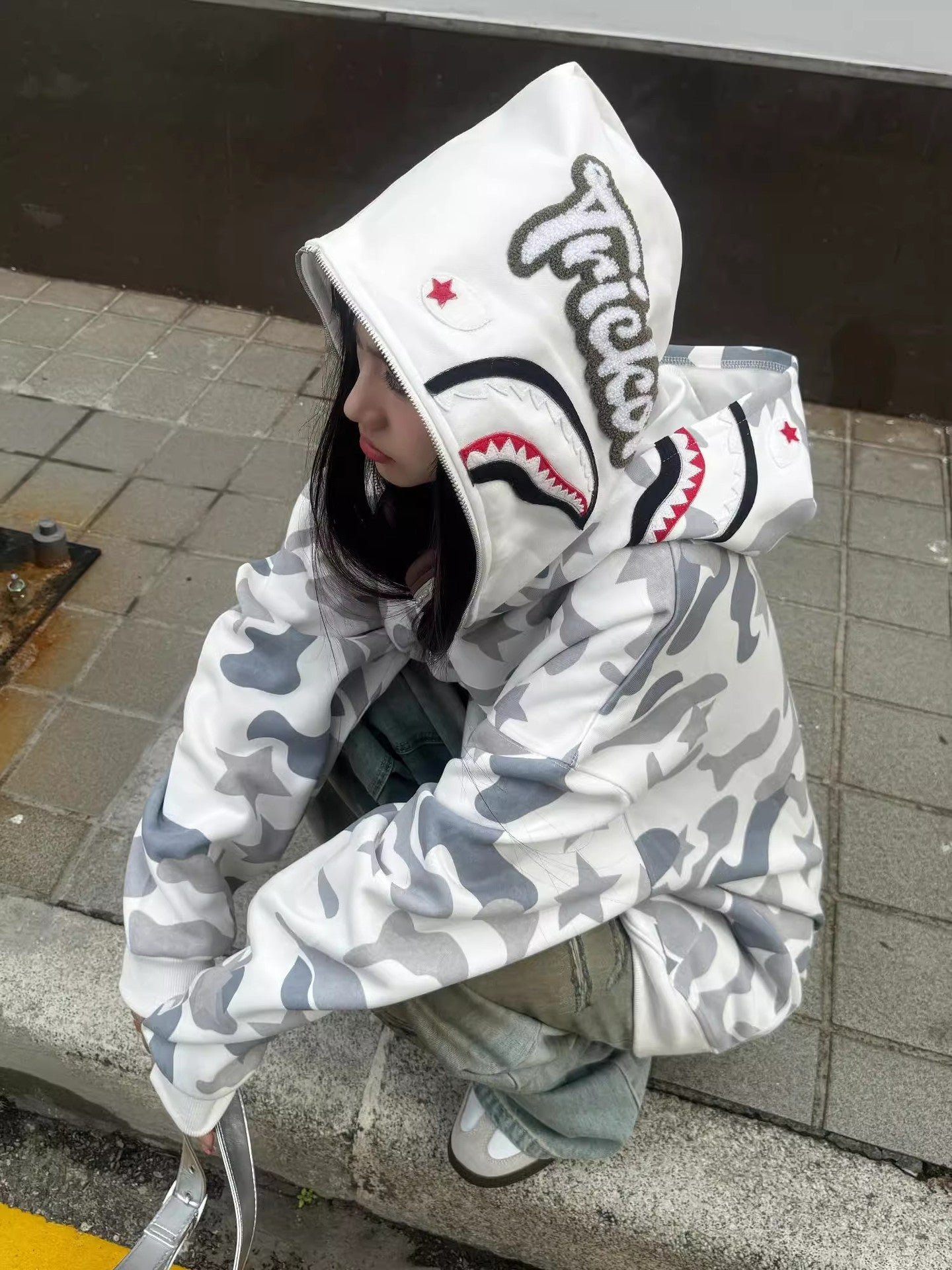 Custom Graffiti & Shark Mouth Hooded Jacket – Men's Streetwear Fashion