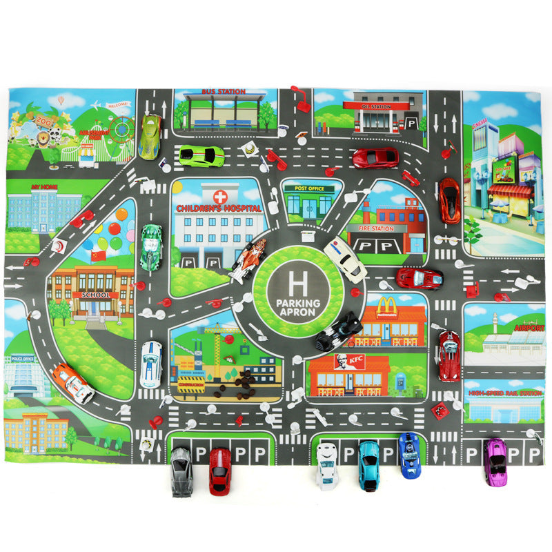 Children's Toy City Parking Lot Play Carpet – Road Sign Scene Map Rug