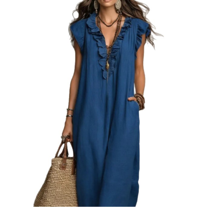 Women's Spring Summer Pocket Ruffle Elegant Dress – Flowy Midi Dress