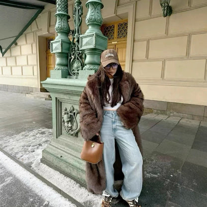 Laid-back Style Fox Fur Coat Faux Fur Brown
