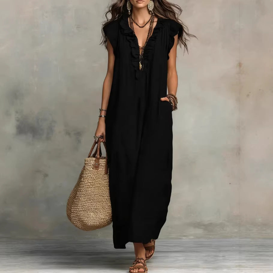 Women's Spring Summer Pocket Ruffle Elegant Dress – Flowy Midi Dress