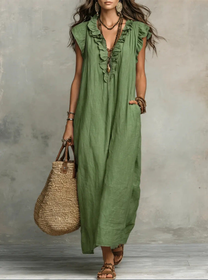 Women's Spring Summer Pocket Ruffle Elegant Dress – Flowy Midi Dress