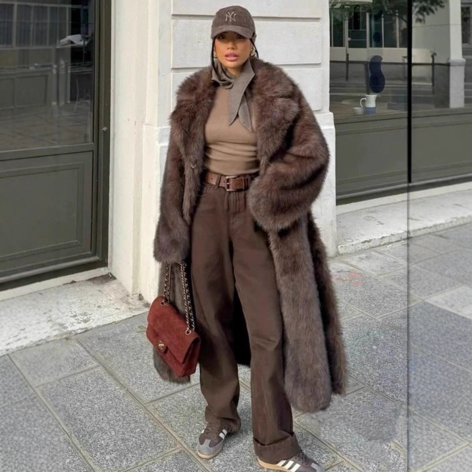 Laid-back Style Fox Fur Coat Faux Fur Brown