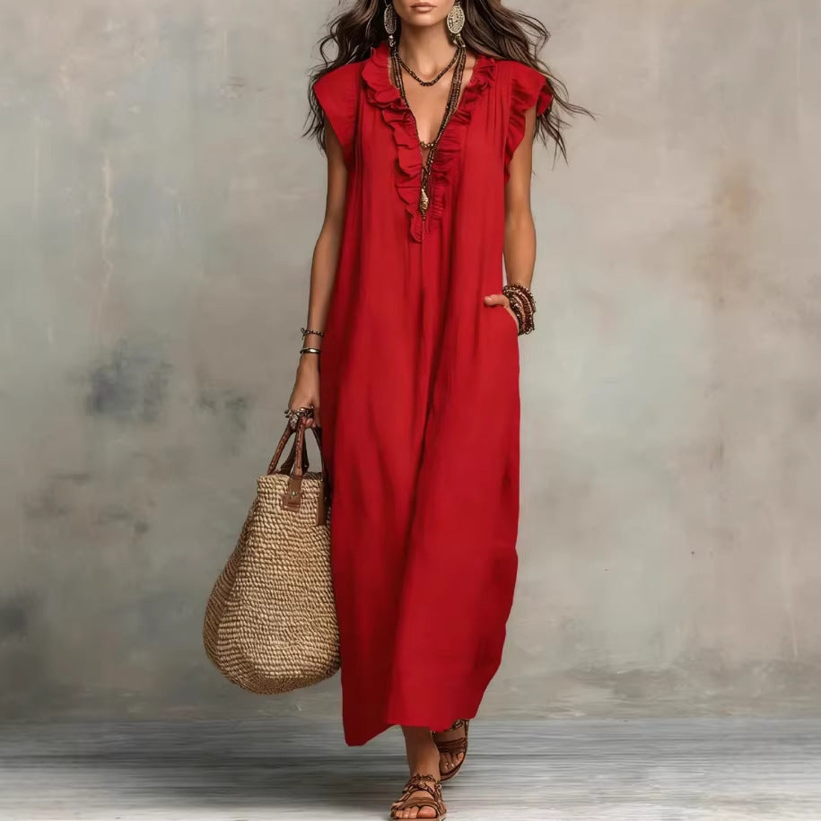 Women's Spring Summer Pocket Ruffle Elegant Dress – Flowy Midi Dress