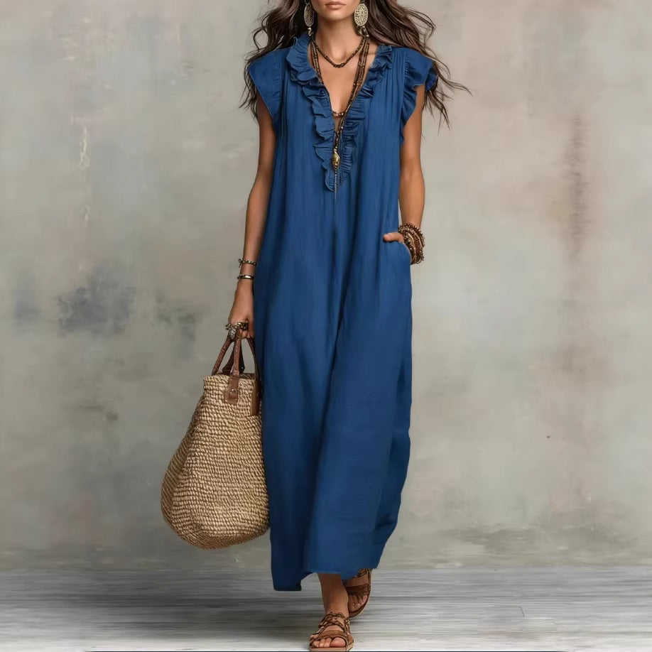 Women's Spring Summer Pocket Ruffle Elegant Dress – Flowy Midi Dress