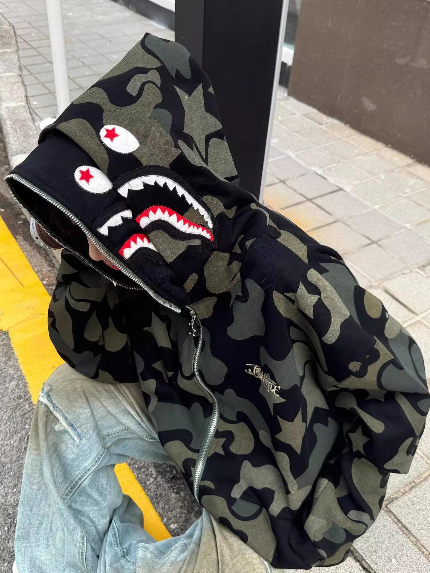 Custom Graffiti & Shark Mouth Hooded Jacket – Men's Streetwear Fashion