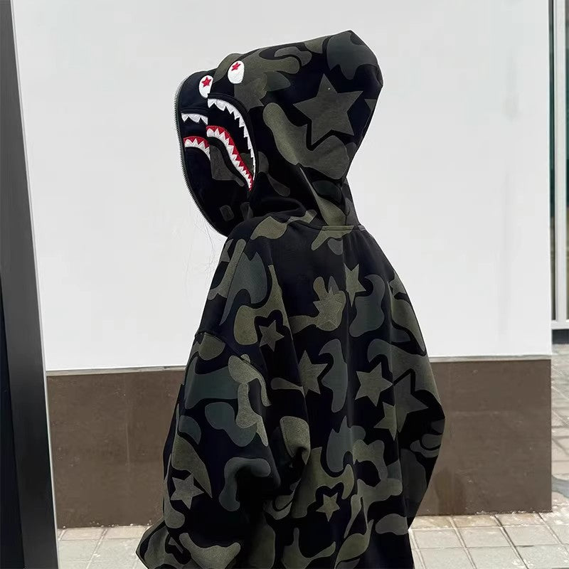 Custom Graffiti & Shark Mouth Hooded Jacket – Men's Streetwear Fashion