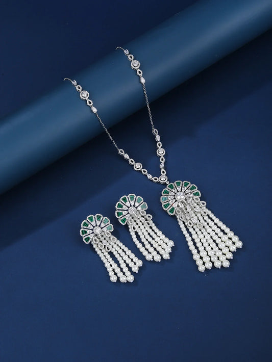 Luxury Zircon Pearl Jewelry Set - Women's Necklace Earrings Ring Bracelet