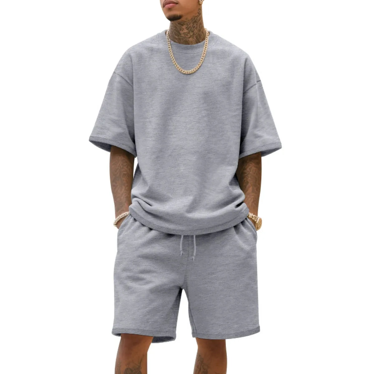 100%  Cotton Men's Summer American-Style Loose High Street Hip-Hop Sport Short-Sleeved Set with Shorts