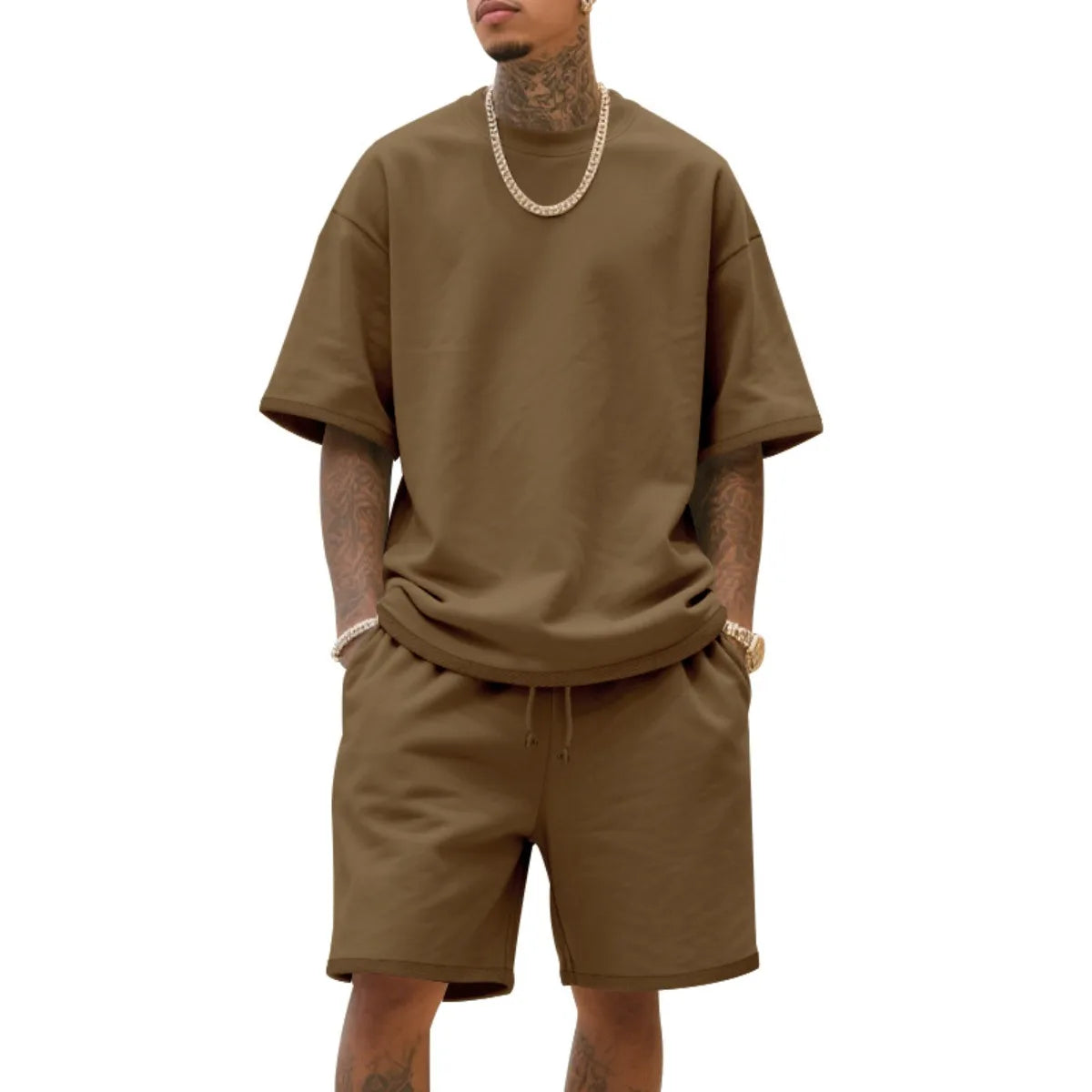 100%  Cotton Men's Summer American-Style Loose High Street Hip-Hop Sport Short-Sleeved Set with Shorts