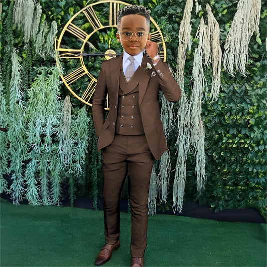 Suit Boys Wedding Tuxedo Brown Jacket Vest Pants 3 Piece Set Formal Clothes Holiday Party Blazer Kids Custom Outfit