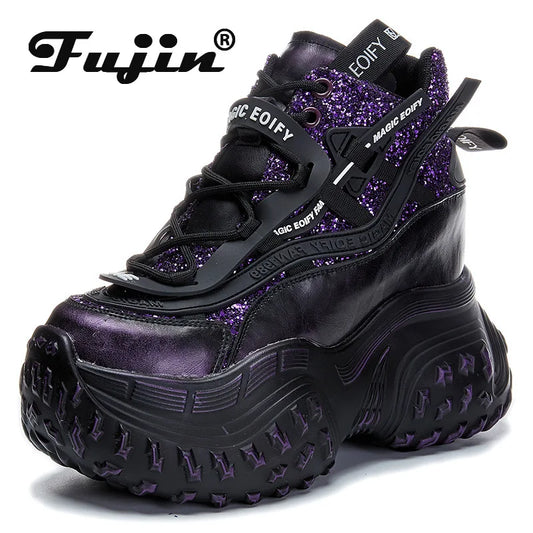 Fujin 12cm Microfiber Synthetic Chunky Sneakers Spring Shoes Genuine Leather Ankle Booties Bling Women Vulcanize Boots Autumn