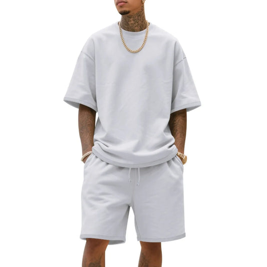 100%  Cotton Men's Summer American-Style Loose High Street Hip-Hop Sport Short-Sleeved Set with Shorts