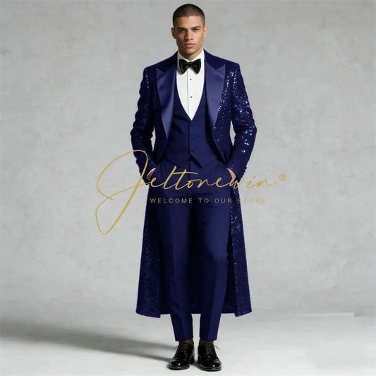 Men's Navy Blue Sequin Wedding Suit – Peaked Lapel Groom Tuxedo 3-Piece Party Blazer