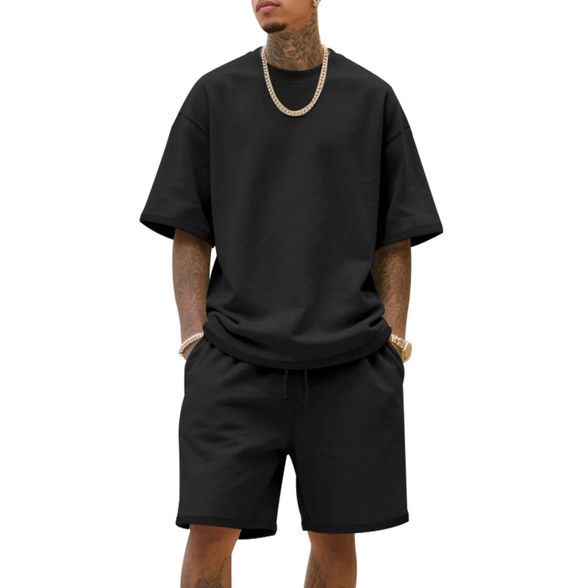 100%  Cotton Men's Summer American-Style Loose High Street Hip-Hop Sport Short-Sleeved Set with Shorts