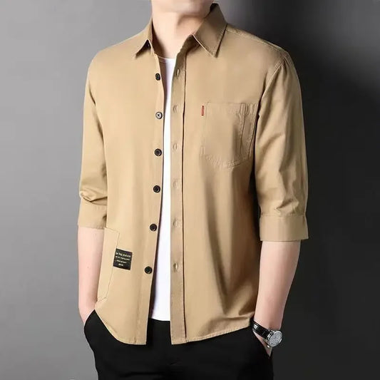 Men's Safari Cargo Shirt - Three-Quarter Sleeve Button-Up with Chest Pockets