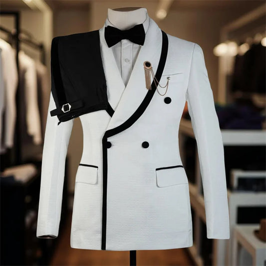 Plaid Formal Wedding Suits for Men Double Breasted Groom Tuxedo 2 Pieces Slim Fit Set Shawl Lapel Suit Jacket with Pants