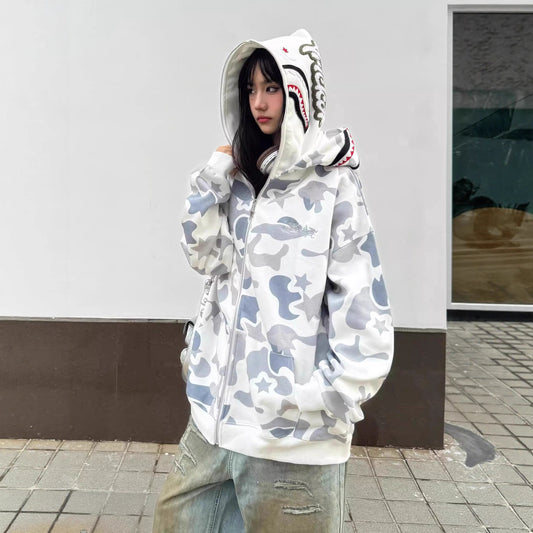 Custom Graffiti & Shark Mouth Hooded Jacket – Men's Streetwear Fashion