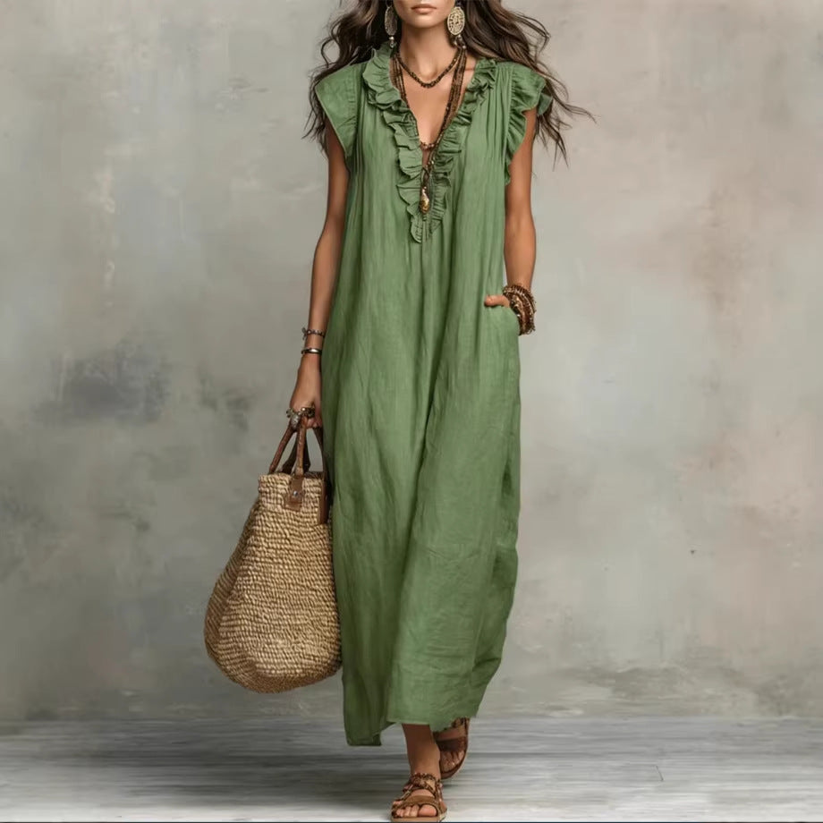 Women's Spring Summer Pocket Ruffle Elegant Dress – Flowy Midi Dress