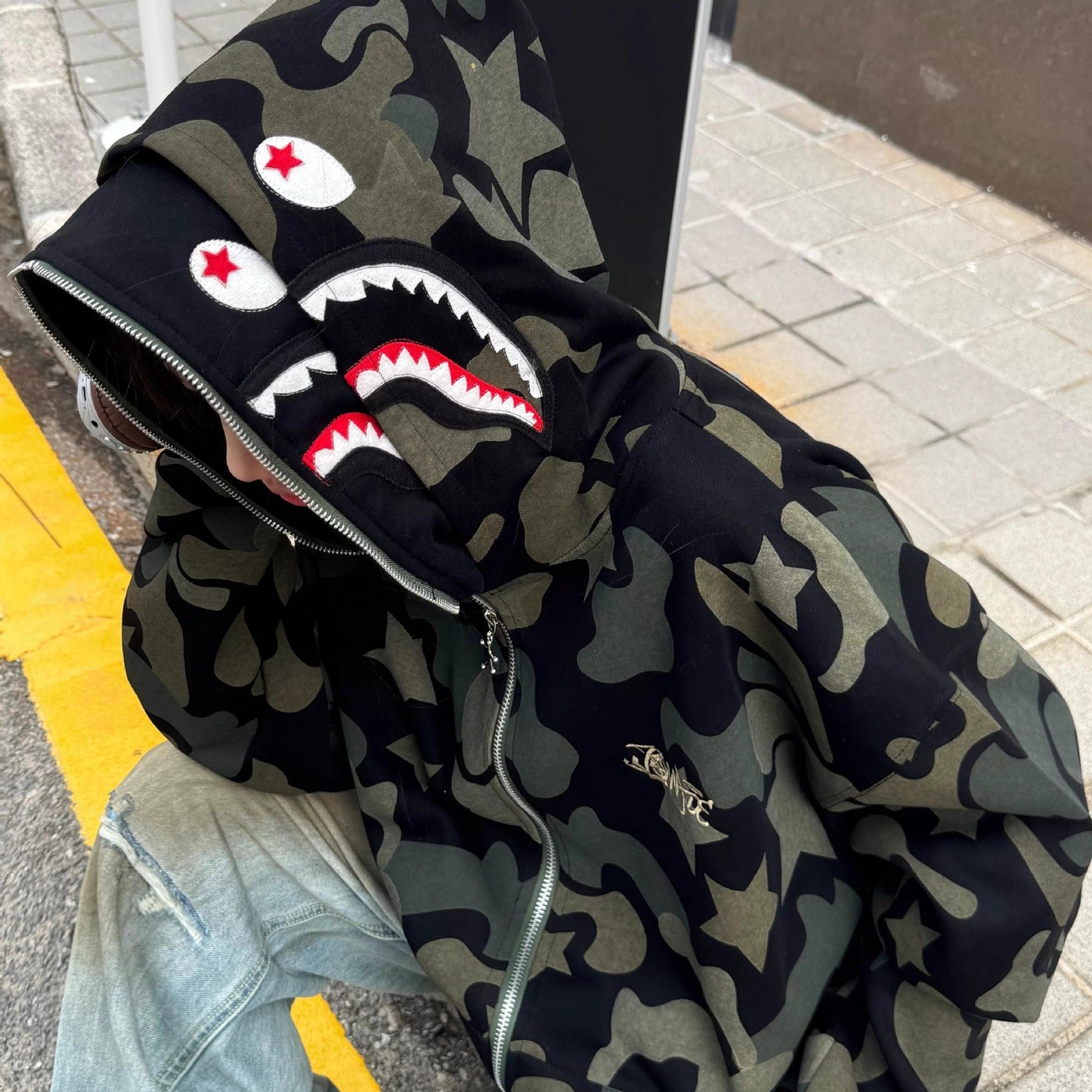 Custom Graffiti & Shark Mouth Hooded Jacket – Men's Streetwear Fashion